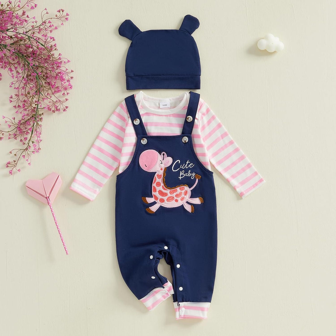 Beauace 3tlg Baby Mädchen Kleidung Langarm Gestreiftes Strampler + Latzhose mit Giraffenmuster + Bab