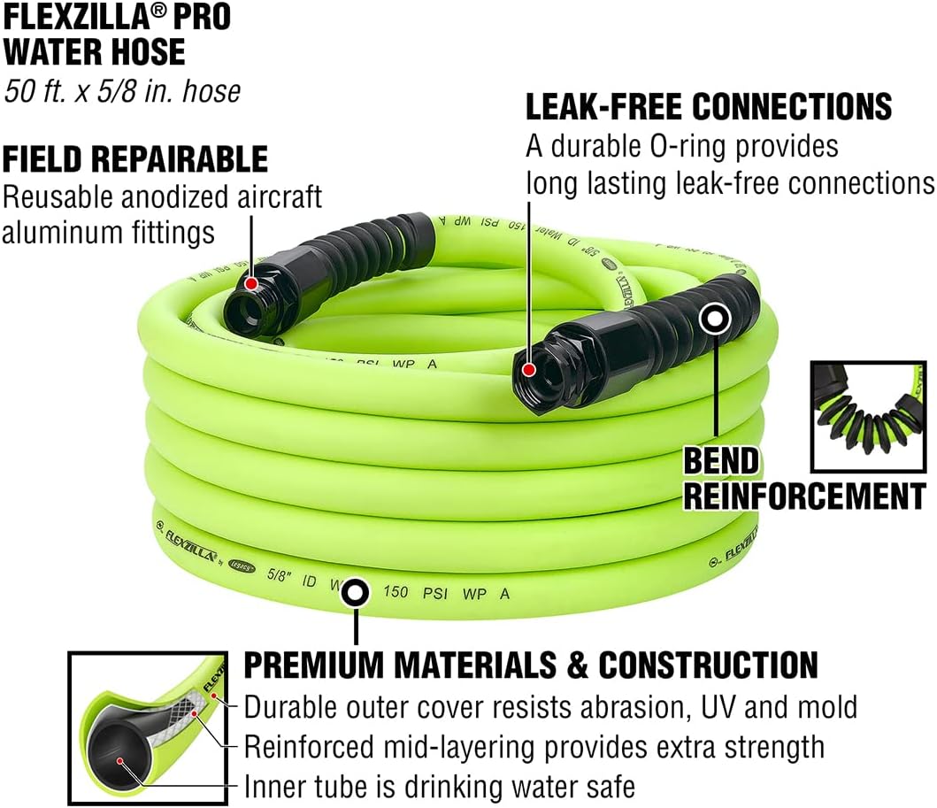 Flexzilla Pro Wasserschlauch mit wiederverwendbaren Armaturen, 1,6 cm x 15,2 m, robust, leicht, für
