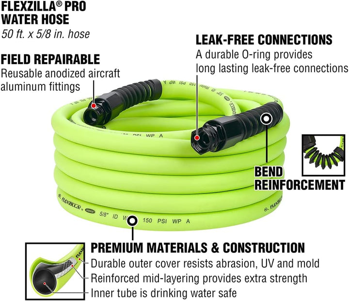 Flexzilla Pro Wasserschlauch mit wiederverwendbaren Armaturen, 1,6 cm x 15,2 m, robust, leicht, für