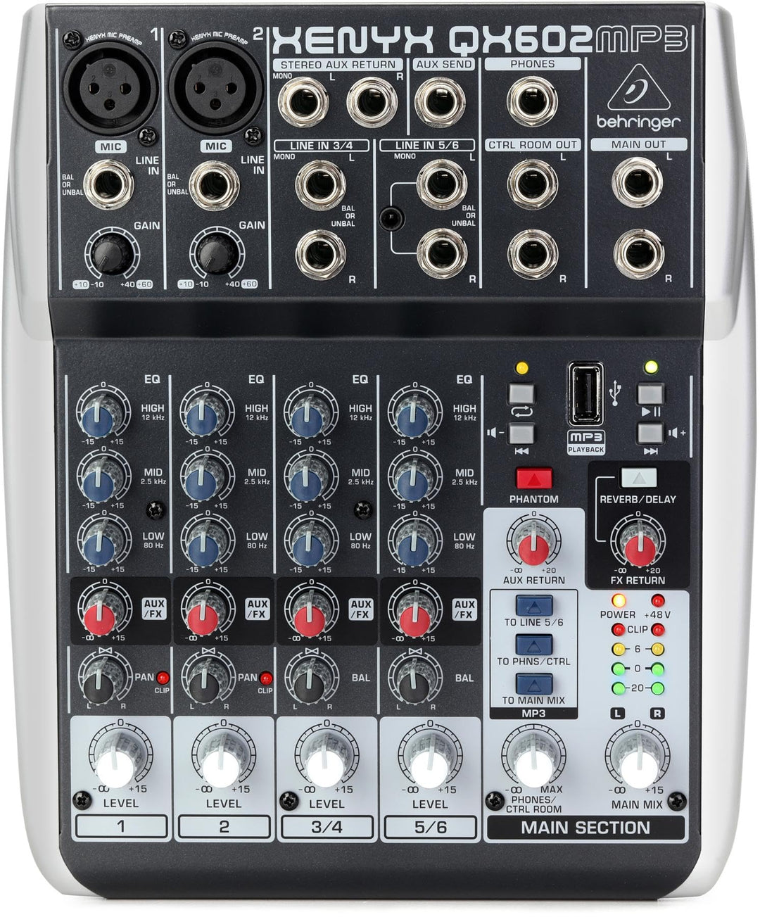 Behringer XENYX QX602MP3 Premium 6-Input 2-Bus Mixer mit XENYX Mic Preamps, British EQ, MP3 Player u