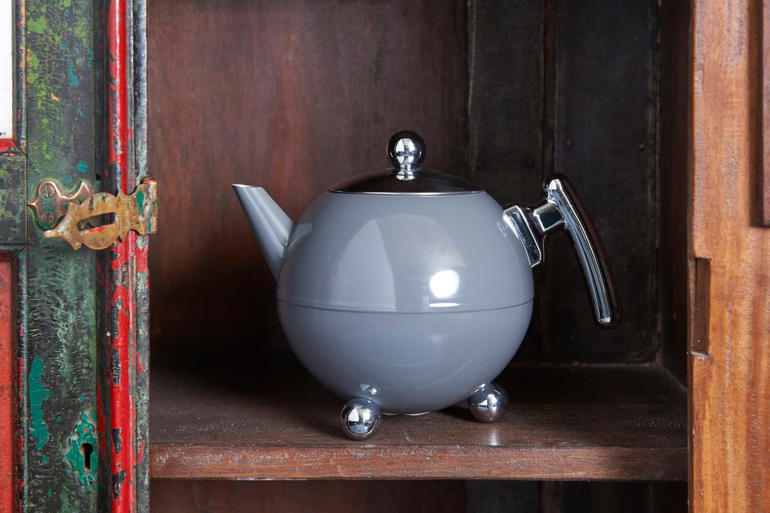 Bredemeijer graue bauchige doppelwandige Edelstahl Teekanne 1.2 Liter
