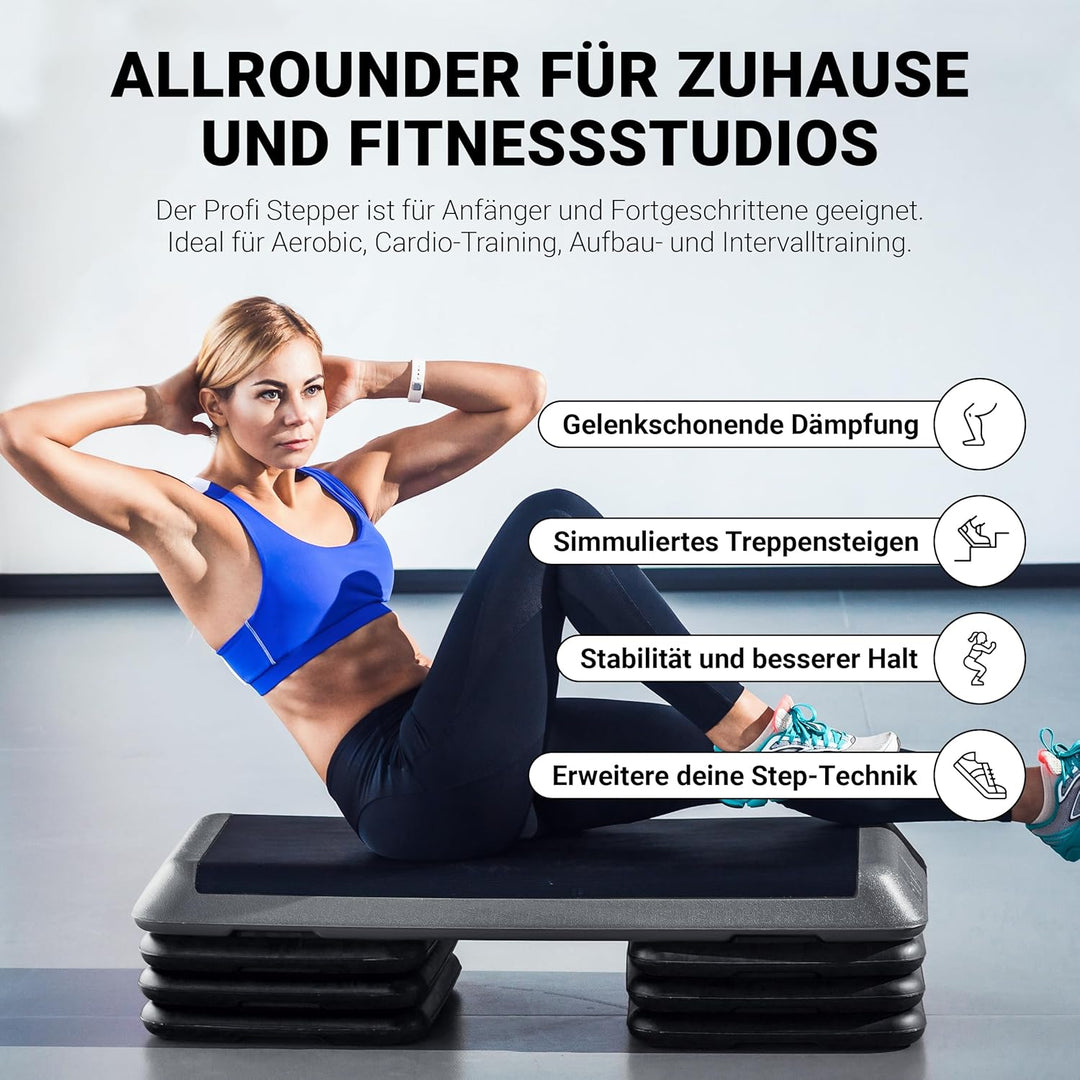 Steppbrett Professional inkl. Übungsposter + Work Out App GRATIS | 3 - Fach höhenverstellbar Studio