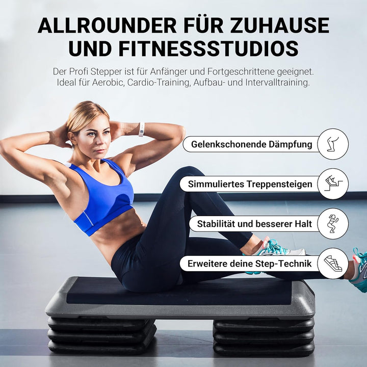 Steppbrett Professional inkl. Übungsposter + Work Out App GRATIS | 3 - Fach höhenverstellbar Studio