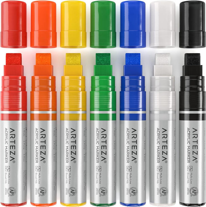 ARTEZA Acrylstifte, 7er-Set, Klassische Farben, 3-in-1-Multi-Line-Federn, 5-15 mm Strichbreite, UV-b