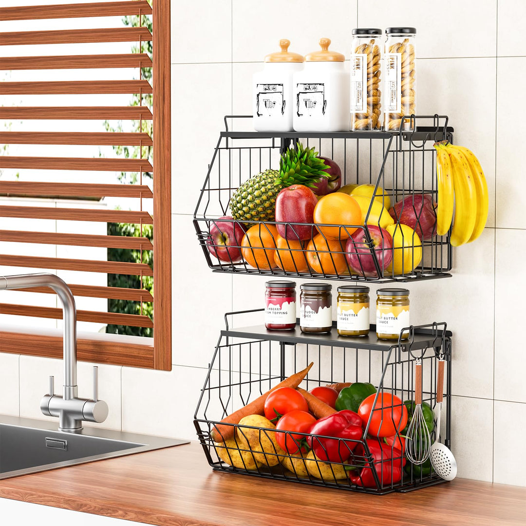 YSD 2-Etagen Metall Obstkorb Hängend, Wand Regal Küche, Gemüseregal - Stapelbarer Küchenorganizer fü
