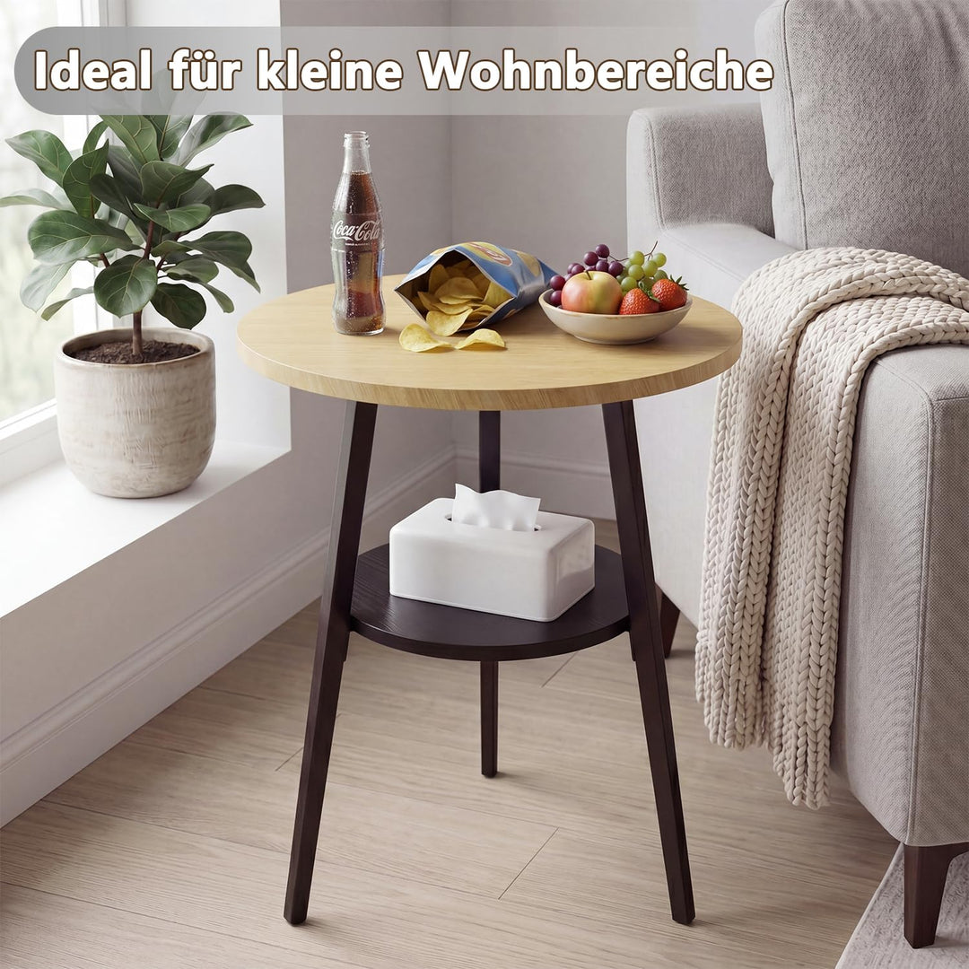 Beistelltisch Rund, Couchtisch Klein mit 2 Etagen, Runder Holz Beistelltisch im Vintage Stil, Eiche