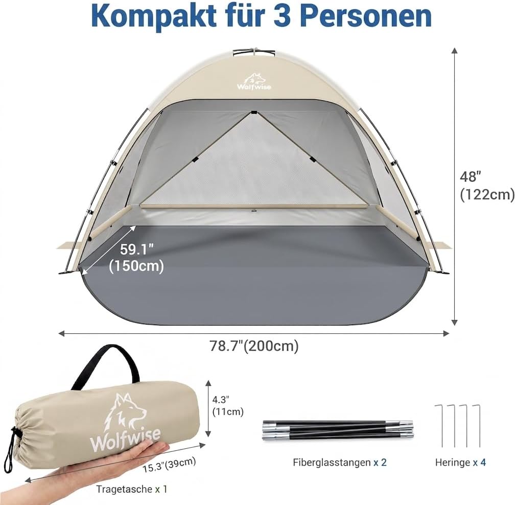 Wolfwise Strandmuschel UV Schutz, 3 Belüftungsfenster & Tragetasche, Strand Zelt mit erweiterbarem B