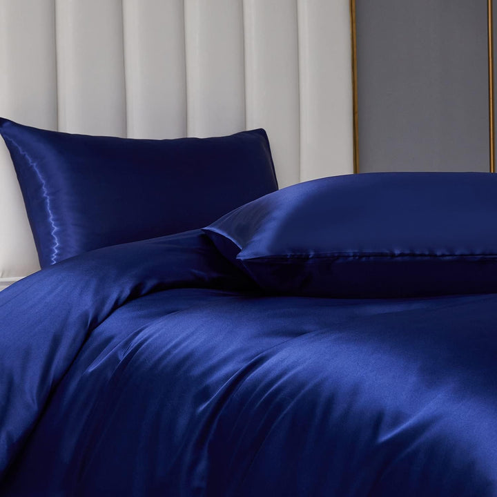 Gezu Bettwäsche-Set, 140 x 200 cm, Satin, Blau, einfarbig, für Einzelbett, Seide, glänzend, weich, m