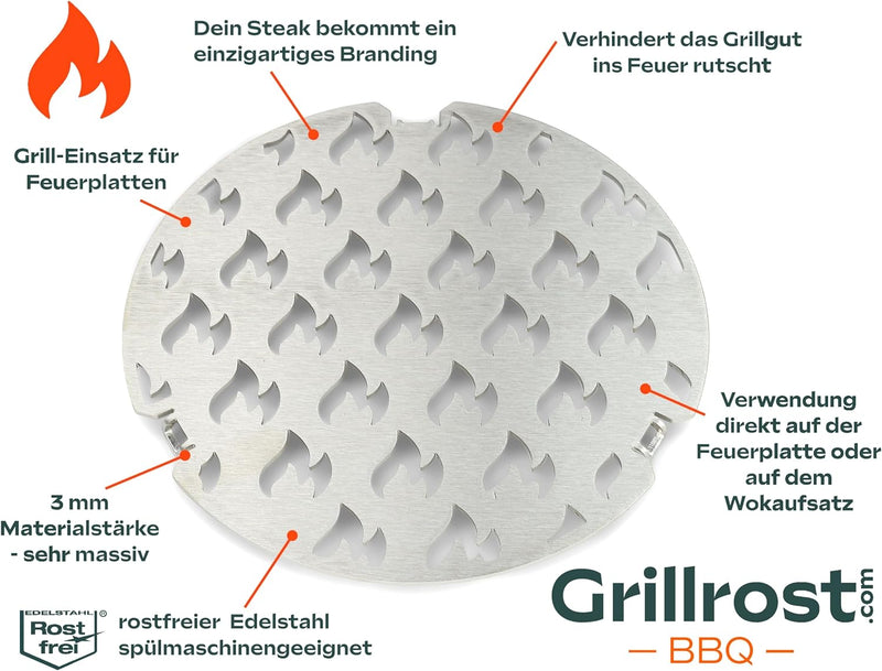 Edelstahl Grilleinsatz für alle Feuerplatten mit 20cm Feuerloch mit Flammenbranding Grilleinsatz Ø 2