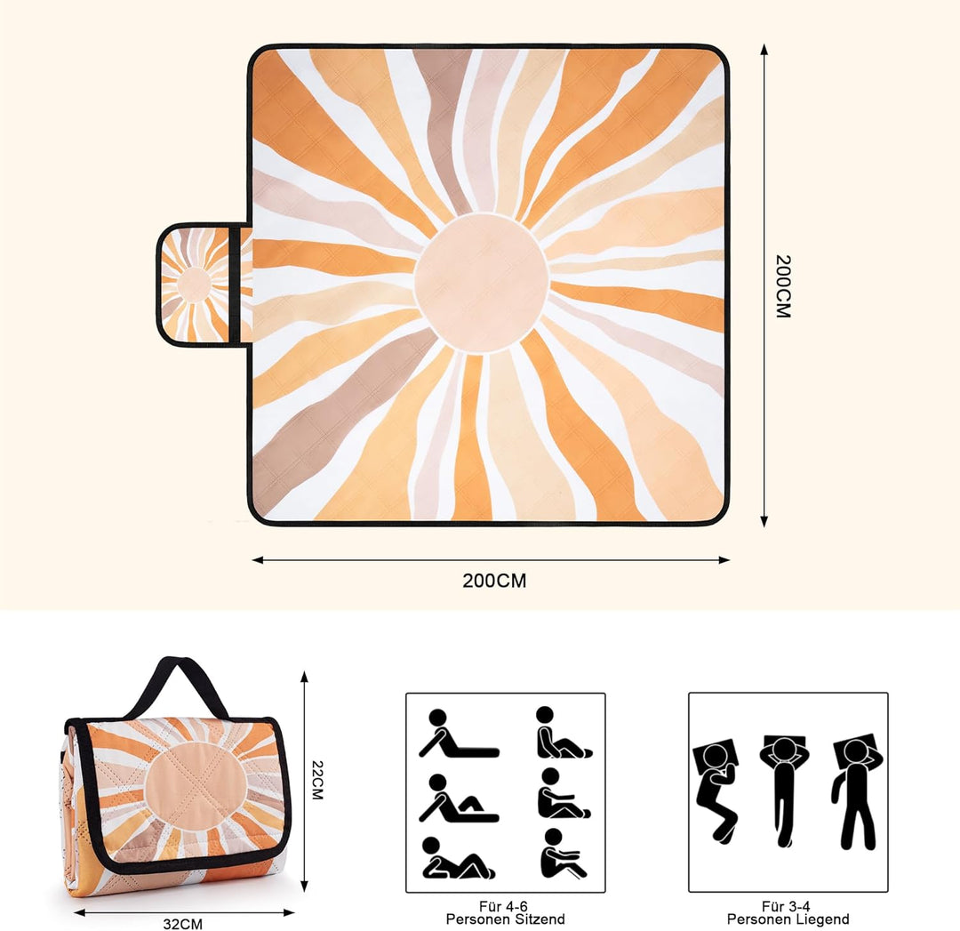 Jopee Gross Outdoor Picknickdecke, 200 x 200cm Wasserdicht Faltbare Stranddecke für 4-6 Personen, Le