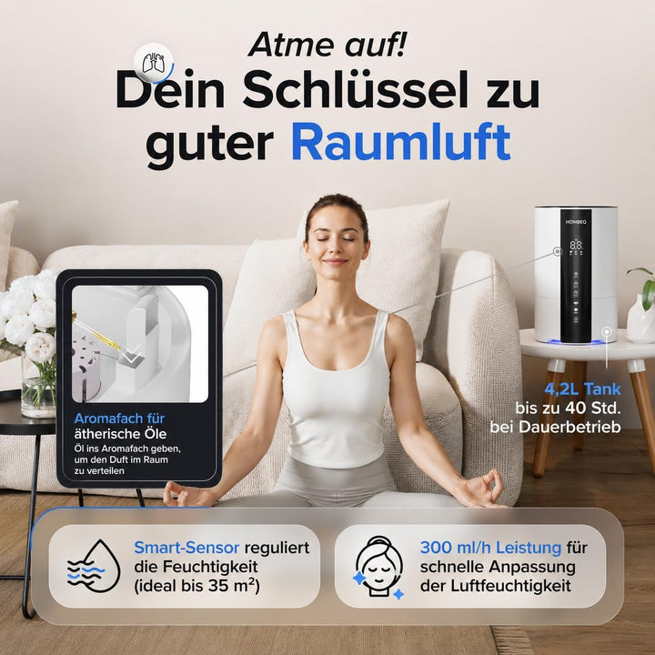 Luftbefeuchter Schlafzimmer 4,2L mit Feuchtigkeitssensor & Auto-Modus, Top-Fill Humidifier mit Aroma