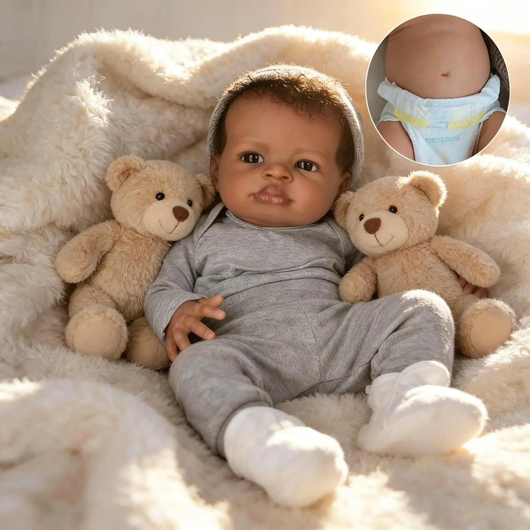 Zero pam Reborn Baby Puppe Schwarze, 50CM Reborn Baby Vollsilikon Lebensecht Jungen, Realistische Ba