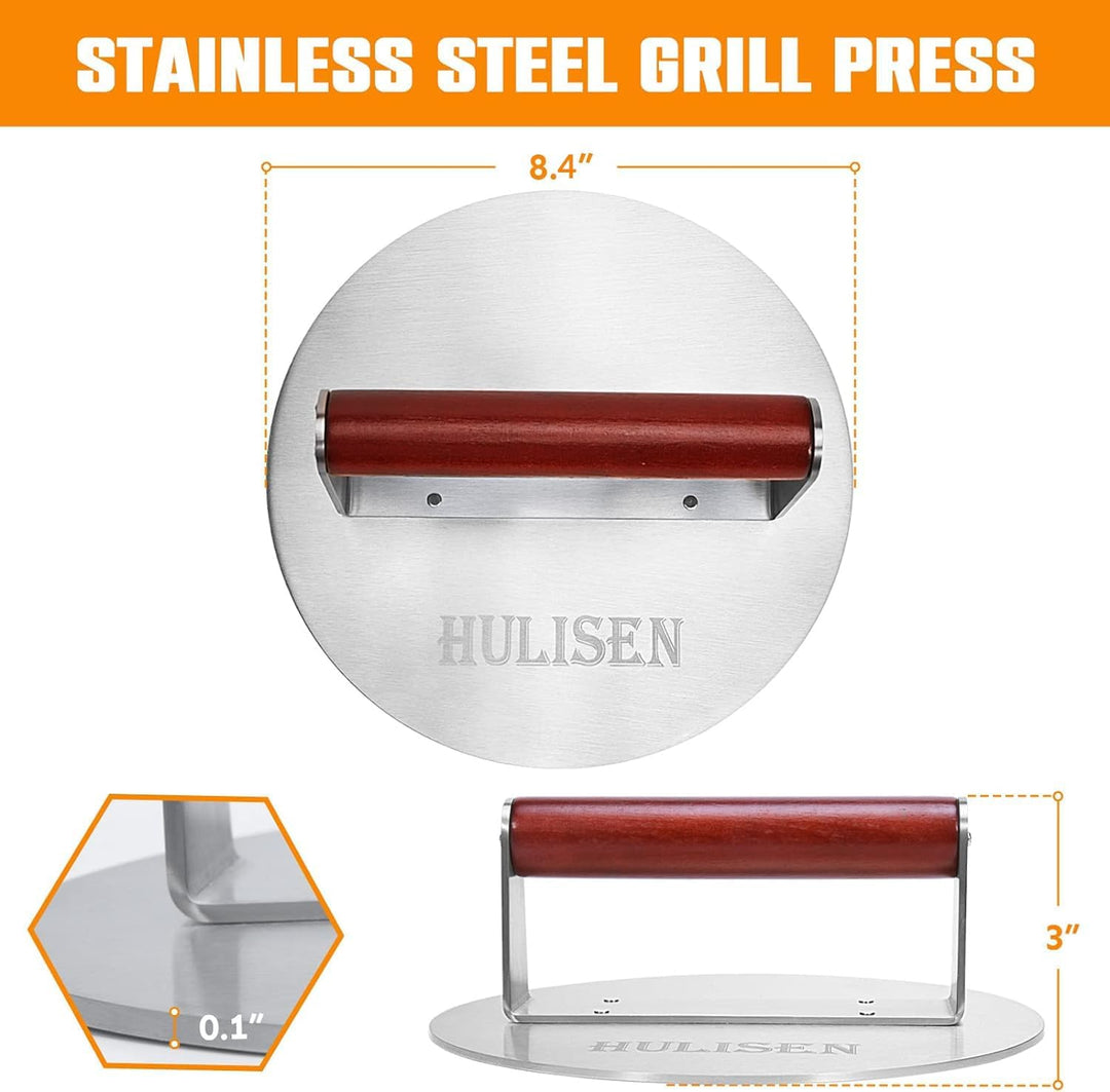 HULISEN 21,6 cm Burgerpresse, 1,1 kg, robuste Speck- und Grillpresse, Edelstahl, zerkleinerte Burger