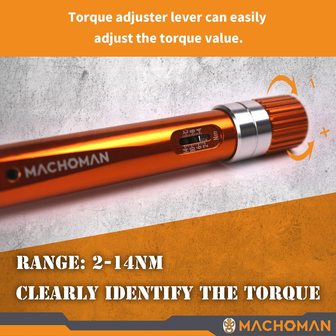 MACHOMAN 1/4" Dr. Taschen-Drehmomentschlüssel 2-14 Nm, Fahrradzubehör mit 10-Bit-Satz und magnetisch