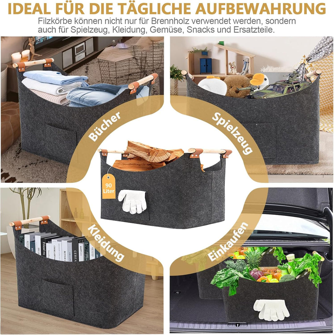 FINEW Holzkorb für Kaminholz 2 Stück, 96L Kaminholzkorb mit Handschuhen 60 x 40 x 40CM, Grosse Filzk