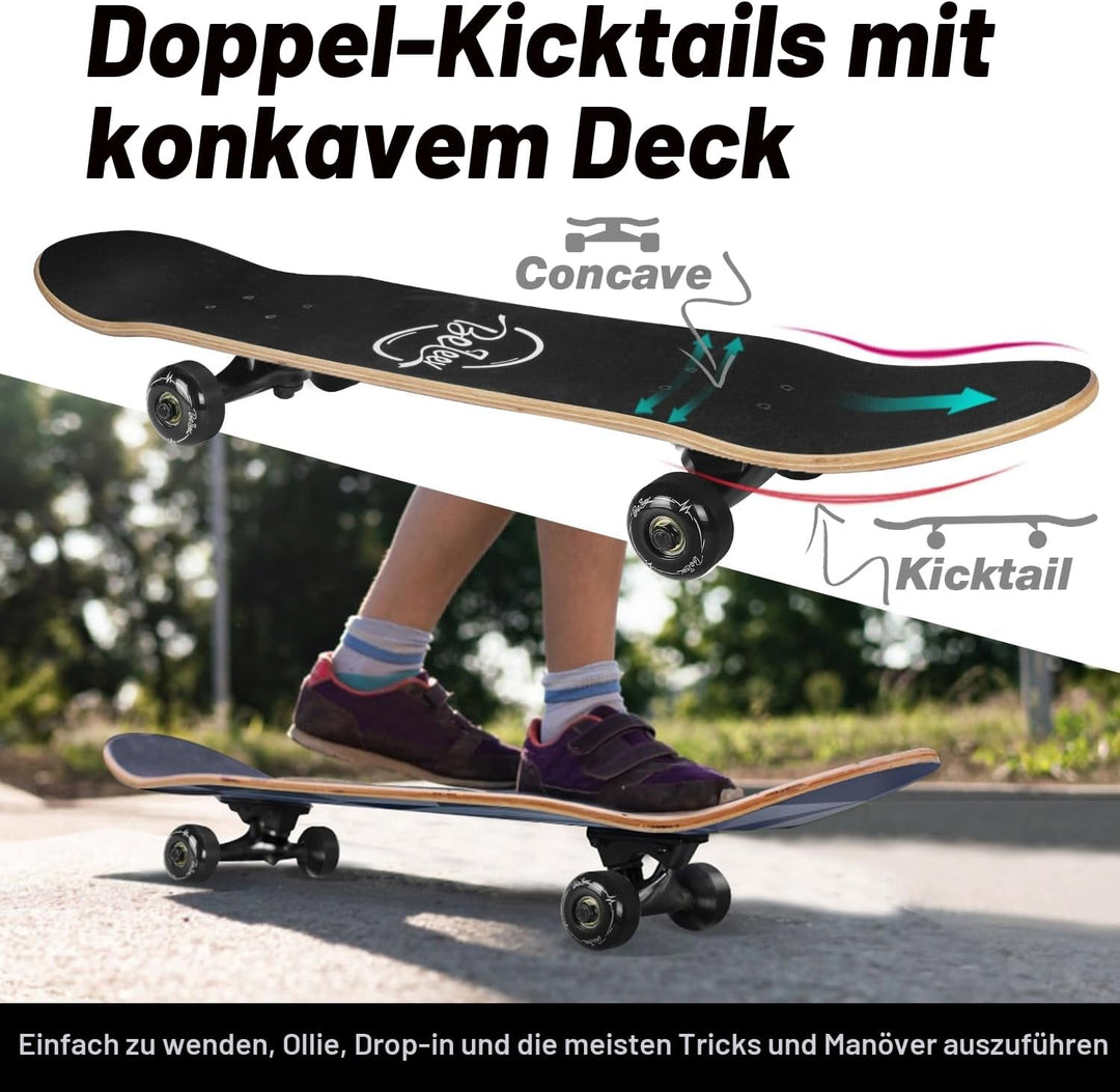 BELEEV Skateboard 31x8 Zoll Komplette Cruiser Skateboard für Kinder Jugendliche Erwachsene, 7-Lagige