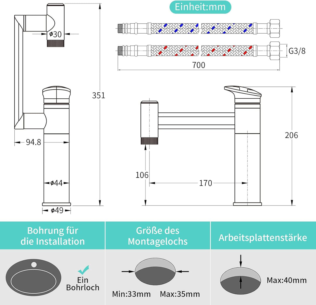 KAIYING 1080° Drehbare Waschtischarmatur mit Temperaturanzeige (Batterielos) (Chrom) &amp; KAIYING Wasse