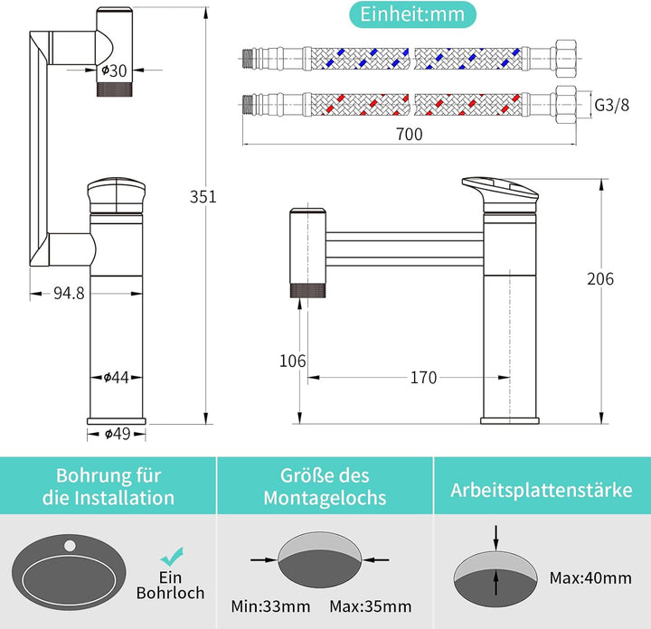 KAIYING 1080° Drehbare Waschtischarmatur mit Temperaturanzeige (Batterielos) (Chrom) &amp; KAIYING Wasse