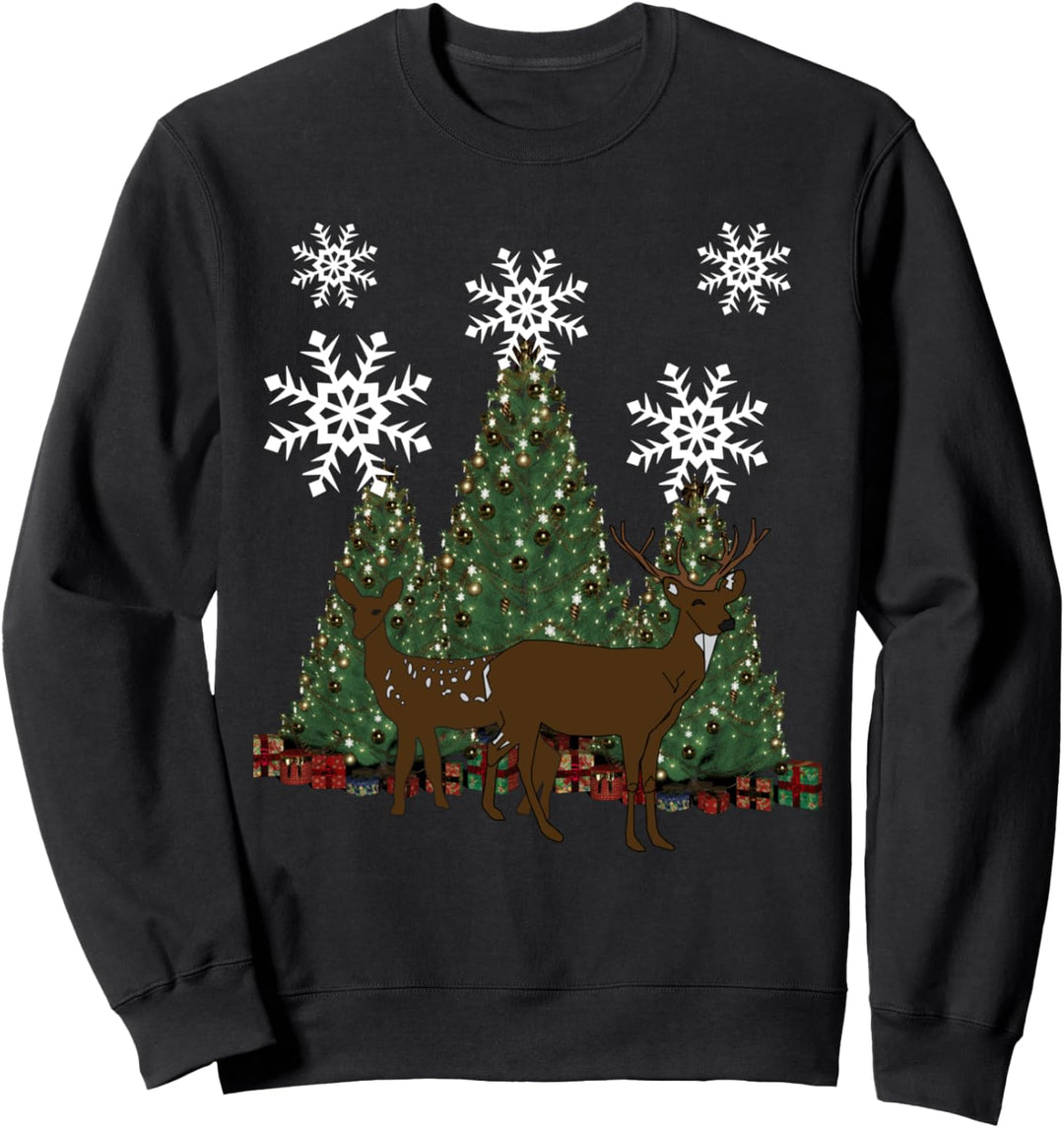 Reindeer with Christmas Presents under the tree in the snow Sweatshirt
