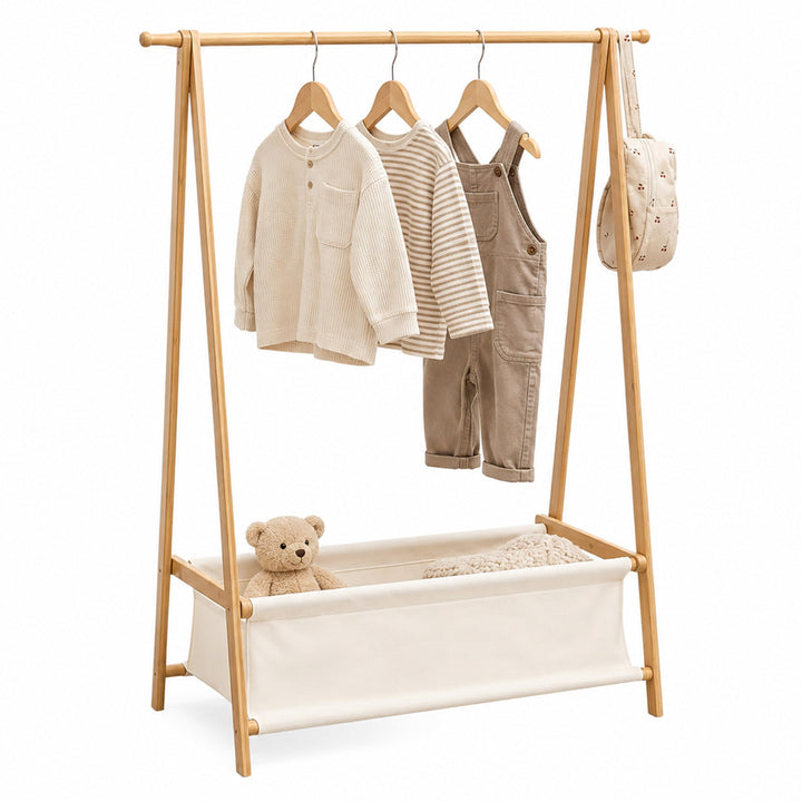 Relaxdays Kleiderständer Kinder, Bambus, HxBxT 106 x 86 x 36 cm, Stoffkorb, Kleiderstange, Kindergar