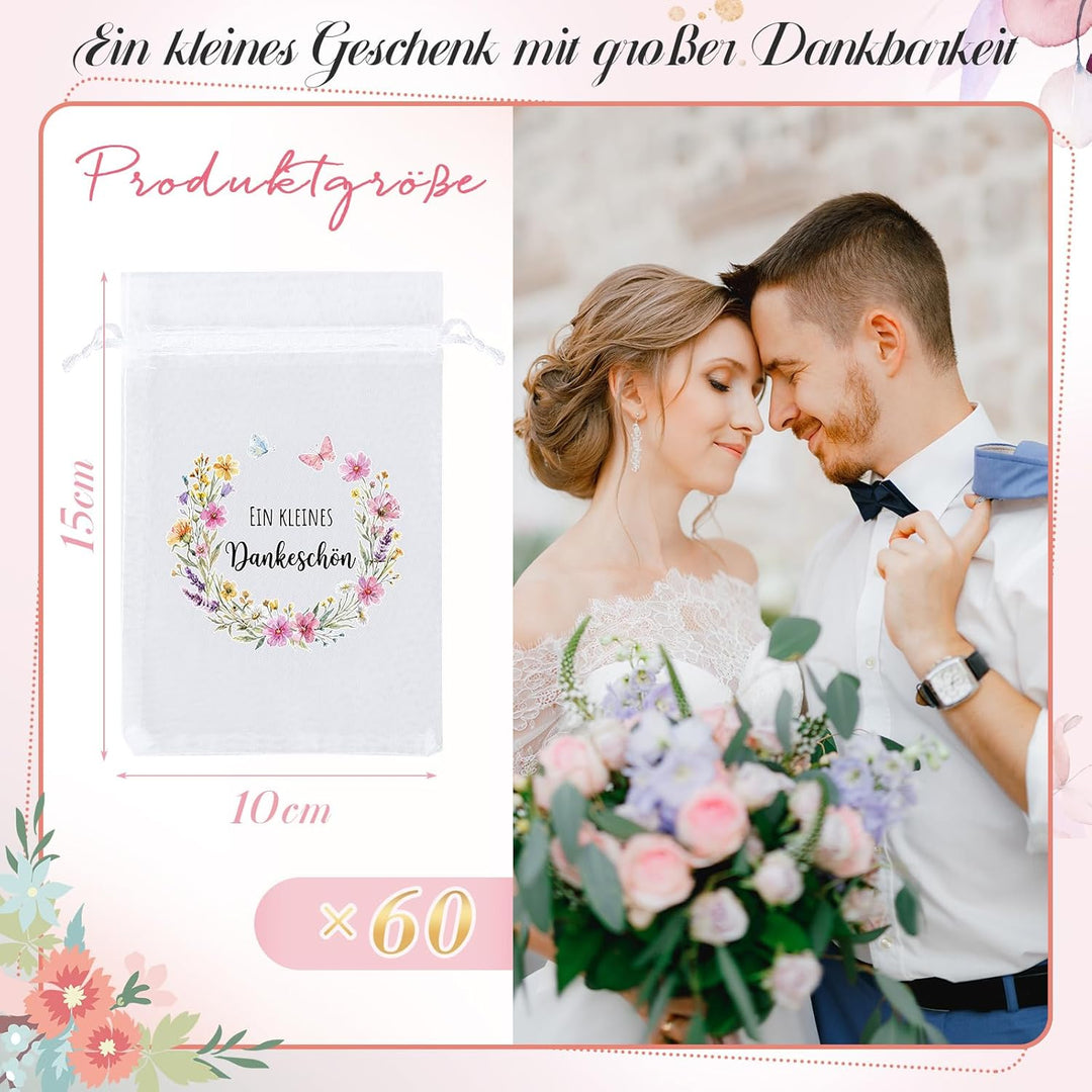 Hestya 60 Stück Dankeschön Gastgeschenke, Organza Geschenkbeutel mit Blumenmotiv Geschenkbeutel für