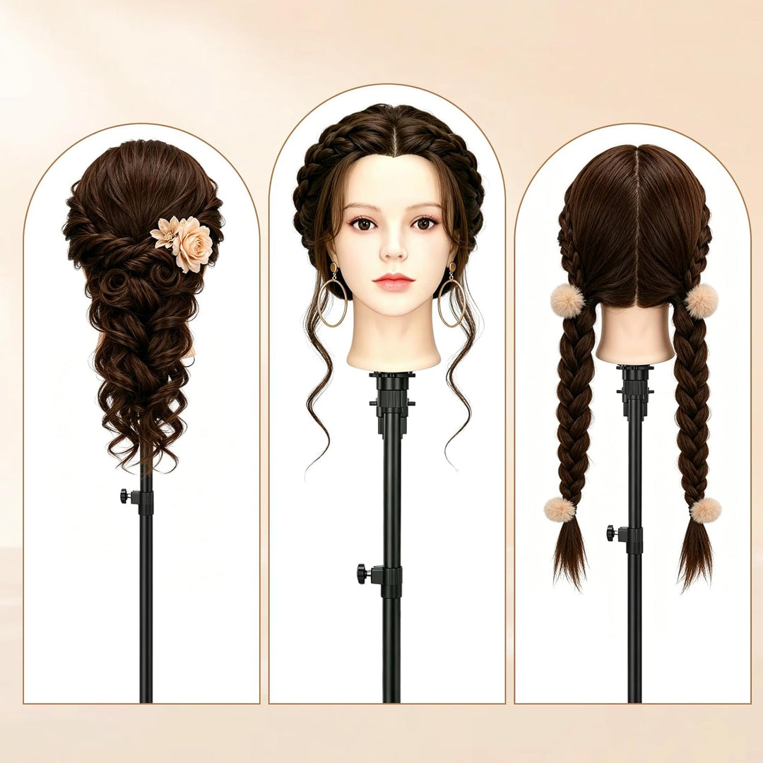 Yofuly 24Zoll / 61cm Frisierkopf mit Ohrlöchern, 80% Echthaar Übungskopf, Make-up Frisieren Training