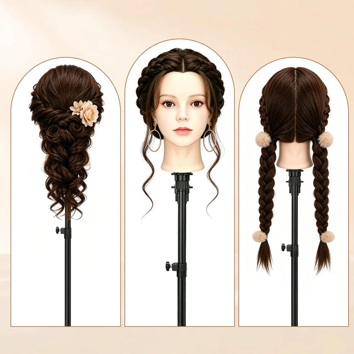 Yofuly 24Zoll / 61cm Frisierkopf mit Ohrlöchern, 80% Echthaar Übungskopf, Make-up Frisieren Training