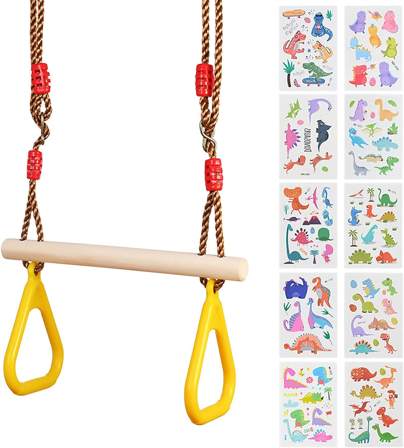 GOLDGE Trapez Schaukel Holz Schaukel Outdoor mit Kunststoff Turnringe Kinder Outdoor Belastbar bis 1