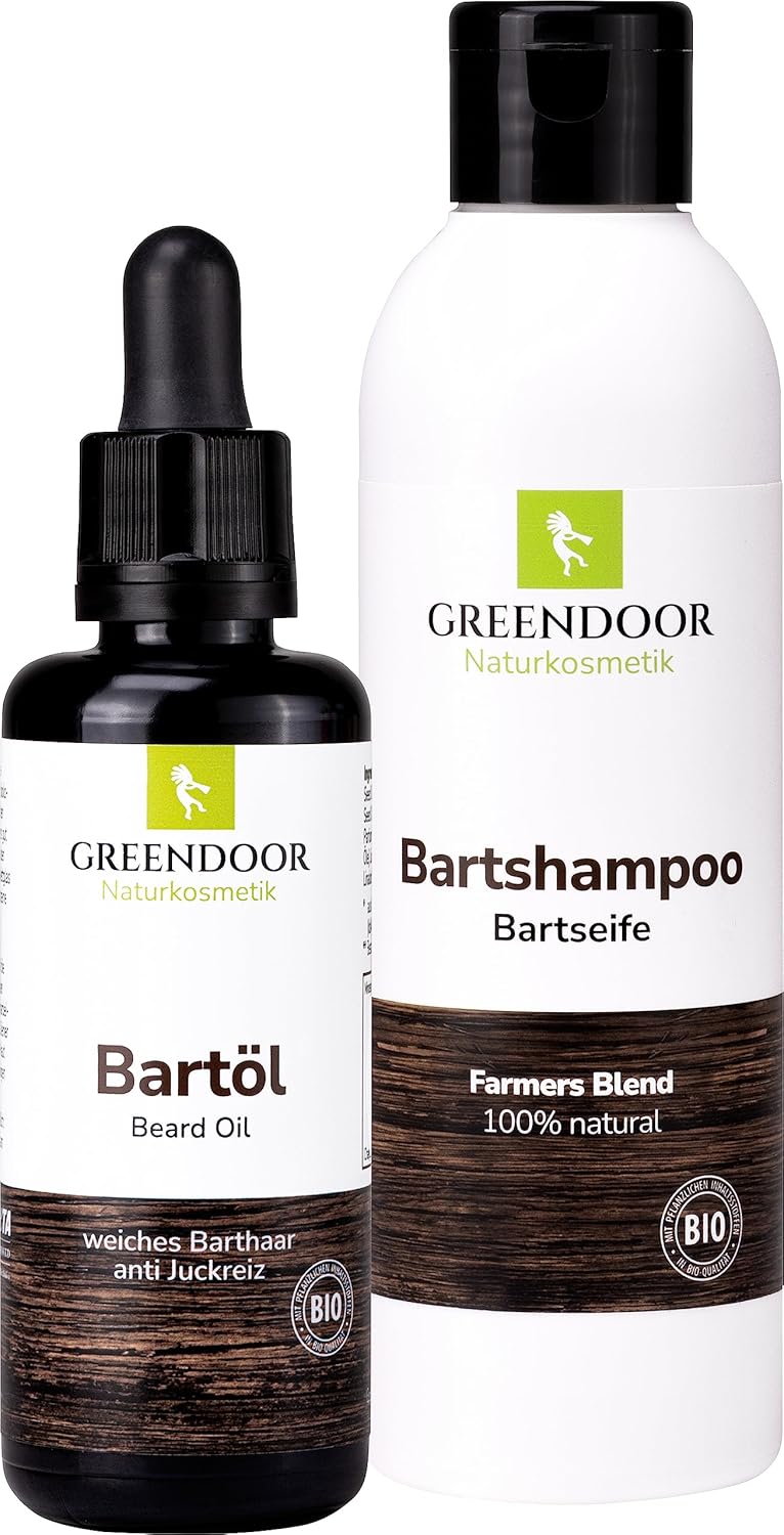 GREENDOOR Bartpflege-Set Basic BIO Bartöl 50ml und Natur Bartseife 200ml, vegan, Bartpflegeöl, Bart-