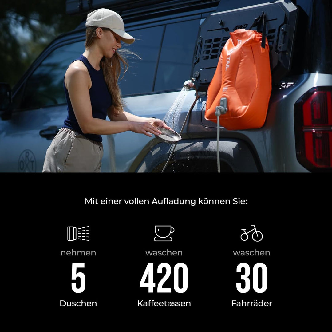 FLEXTAILGEAR Tragbare Campingdusche 20L mit integrierter Elektropumpe, 2500mAh Akku, 2 Geschwindigke