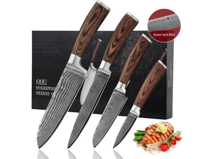 Wakoli EDIB 4er Damastmesser Set mit Gravur – Personalisiertes Küchenmesser Set, Santoku, Fleischmes
