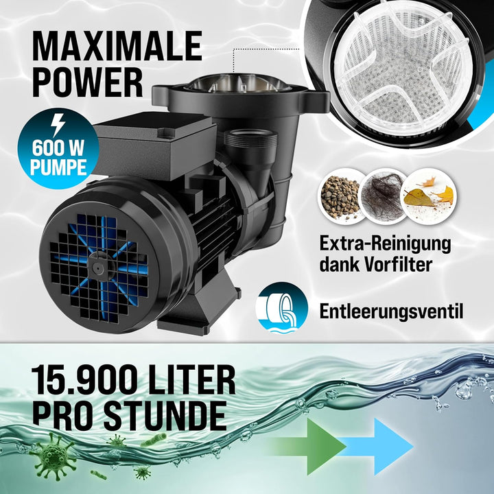 MONZANA® Sandfilteranlage SF159 15.900L/h inkl Filterbällen 7 Wege Ventil 2in1 Adapter Ø32-38mm 600W
