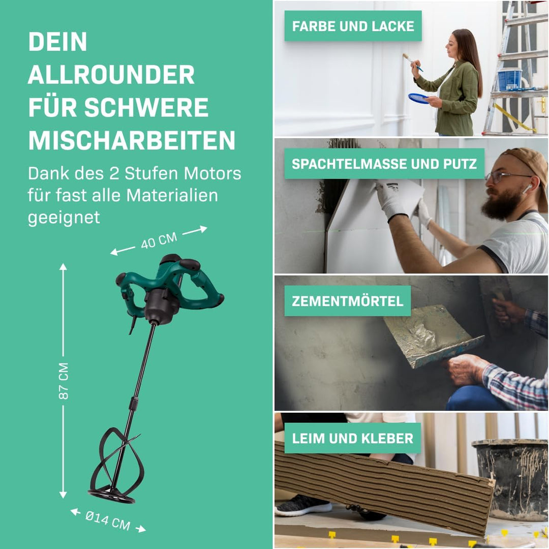 VONROC Farb-/Zementmischer 1800 W – 2 Beschleunigungsstufen – Soft Start – Konstant-Elektronik – 3 m