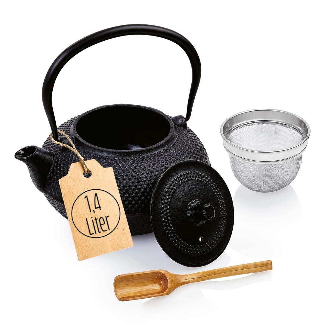 Lumaland Tee Kanne im Asia Hobnail Design | 1 x gusseiserne Teekanne (1,4 Liter) 1x Bambus Dosierlöf
