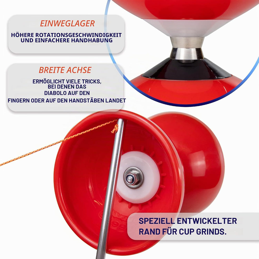 Juggle Dream Carousel Diabolo Jonglier-Set - Dreifach-Kugellagerachse - mit Aluminiumstäben und Onli