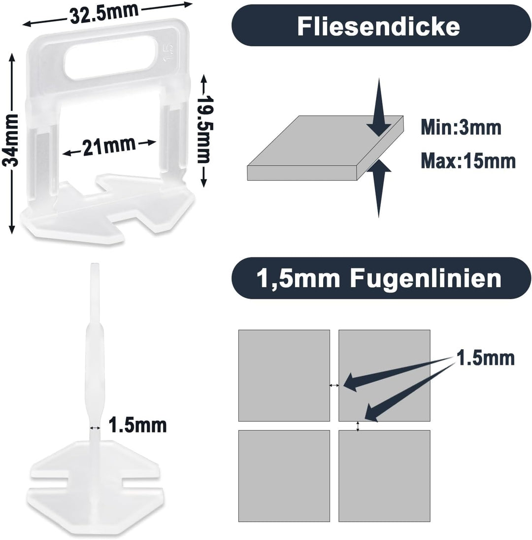 Fliesen Nivelliersystem 500 Stück Laschen Zuglaschen 1,5 mm Fugenbreite, Verlegesystem Werkzeug für