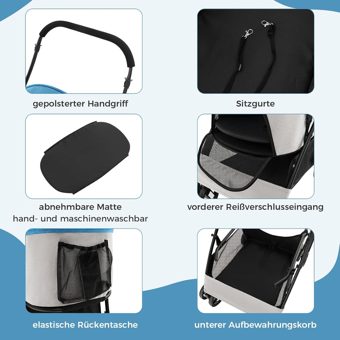 COSTWAY 3 in 1 Hundewagen, Hundebuggy klappbar, bis 15 kg, Haustierwagen mit Netzfenstern | verstell