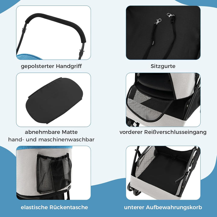 COSTWAY 3 in 1 Hundewagen, Hundebuggy klappbar, bis 15 kg, Haustierwagen mit Netzfenstern | verstell
