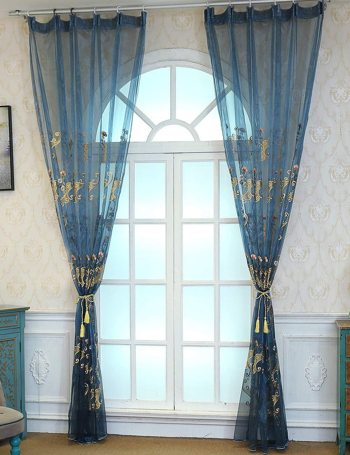 Lactraum Vorhänge Wohnzimmer Transparent Blau mit Ösen Bestickt Wasserfee Blumen Voile 300 x 245cm 3