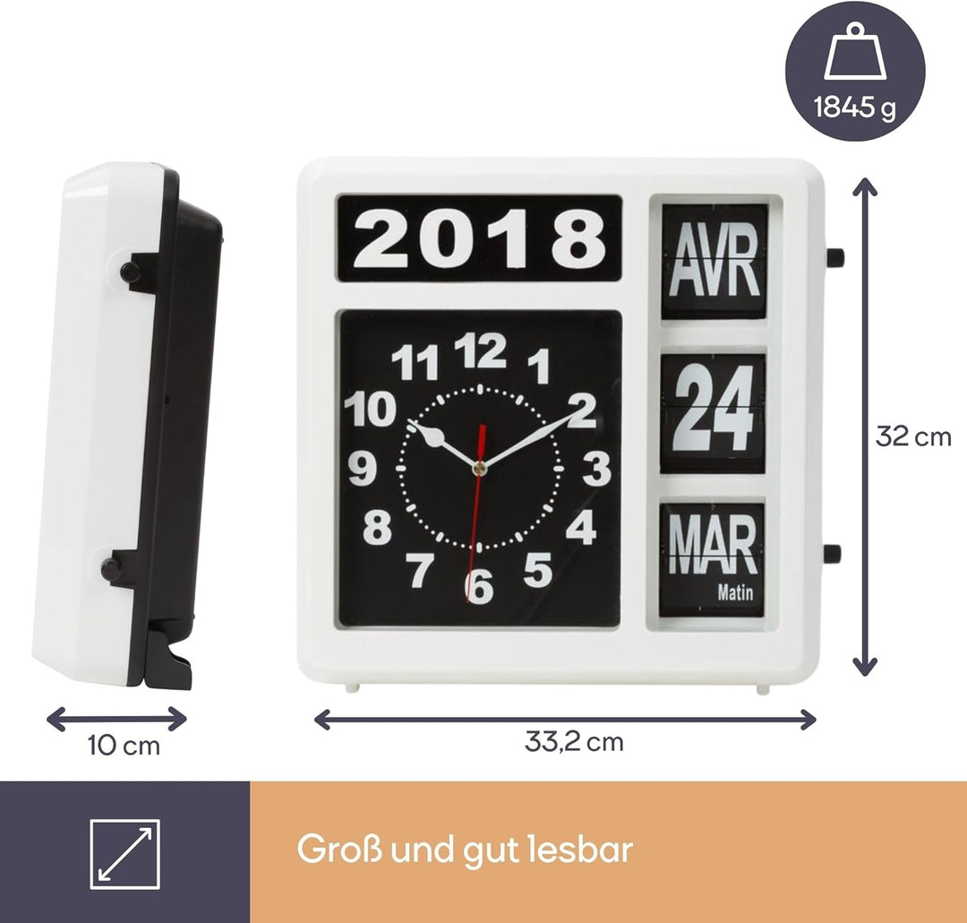 Perel Wanduhr mit Klappkalender, rechteckig, analog, 31 x 31 cm, Französisches Modell 31 x 31 cm Wei