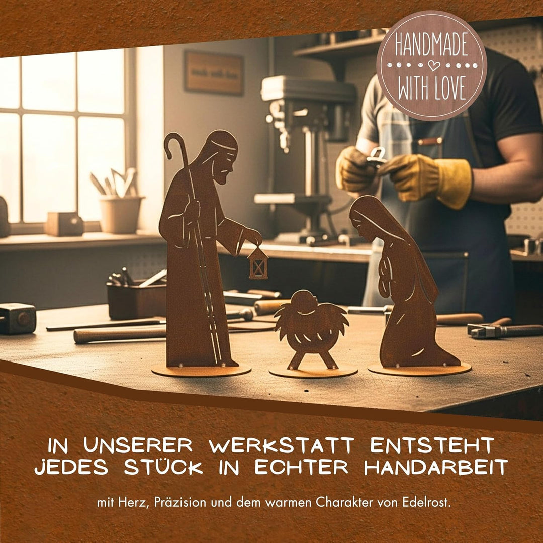 Rostikal Weihnachtskrippe XXL 3-teilig – Edelrost Krippe aus Metall mit Laterne, Maria Josef & Jesus