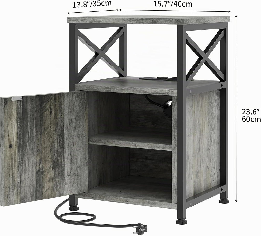 YITAHOME Beistelltisch, Nachtschrank mit Kabinett, X-förmiger Wohnzimmertisch mit Ladestation, 2 USB