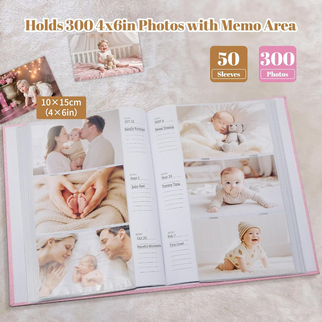 Baby-Fotoalbum 10x15 300 Taschen, Leinen-Hardcover Einsteckalbum mit Frontfenster, Memo-Bereich, Han