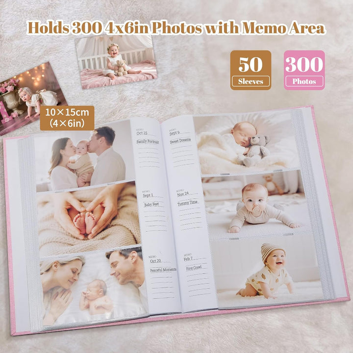 Baby-Fotoalbum 10x15 300 Taschen, Leinen-Hardcover Einsteckalbum mit Frontfenster, Memo-Bereich, Han