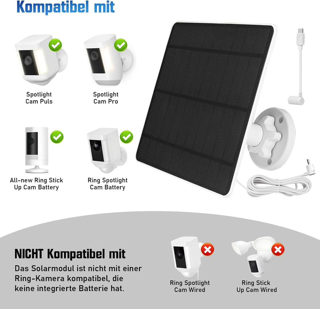Solarpanel für Ring Kamera, 5W Kamera Solarpanel kompatibel mit Ring Stick Up Cam Akku & Spotlight C