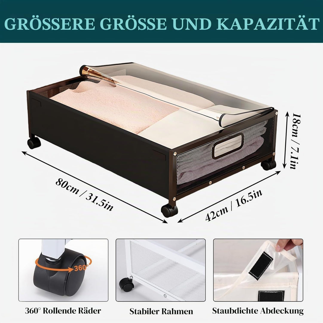 2 Stück Unterbett Aufbewahrungsbox mit Rollen und geteiltem Deckel, unterbettkommode, Bettkasten Auf