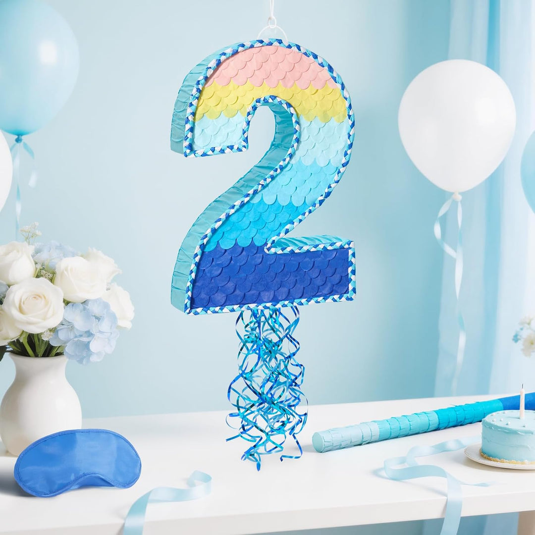 WERNNSAI Nummer 2 Piñata Set - Blaue Deko mit Augenbinde & Schläger | Aus robuster Wellpappe; ideale