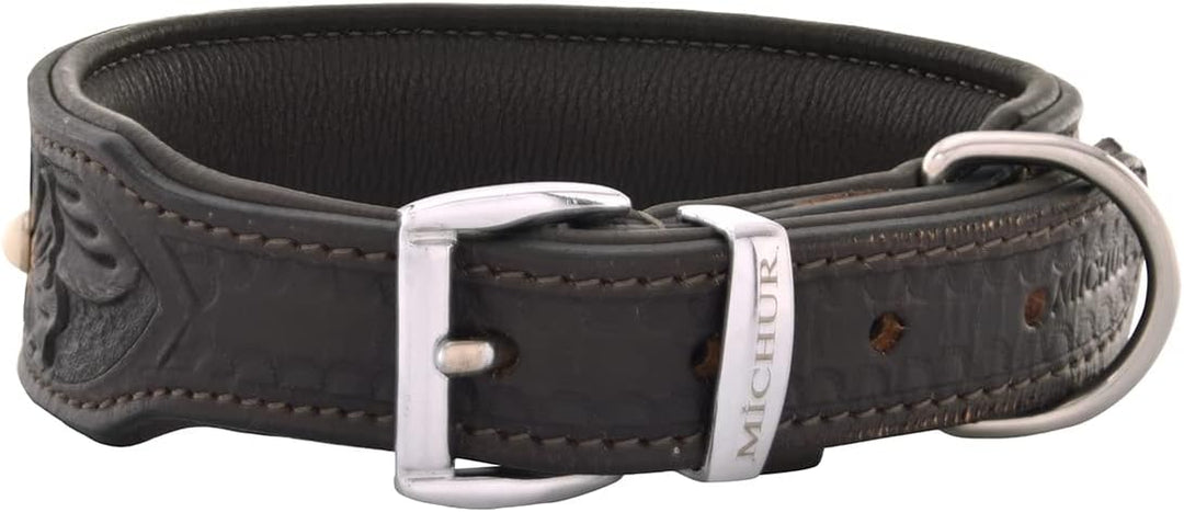 MICHUR Pablo Hundehalsband Leder, Lederhalsband Hund, Halsband, BRAUN, Leder, mit gestanzten Blumenm