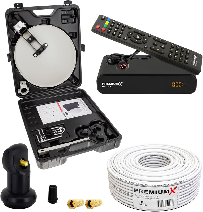 PremiumX Camping SAT Anlage HD TV Satelliten Receiver Single LNB 10m Kabel 2X F-Stecker kompakt im K
