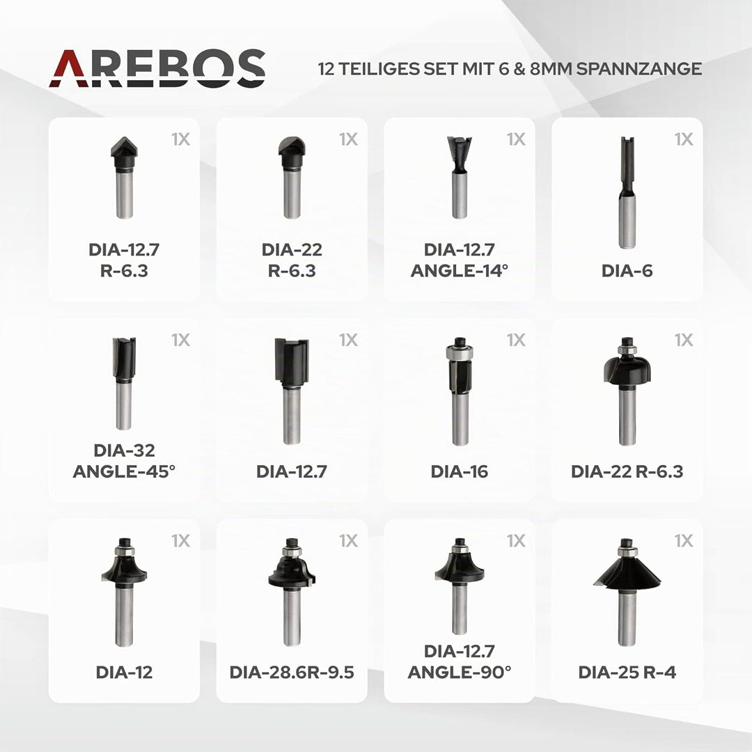 Arebos Oberfräse mit Koffer (1200 W, Ø 6 und 8 mm, Drehzahlregelung, Parallelanschlag, Reduzierstück